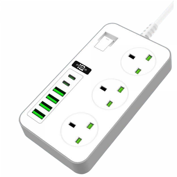 Extension Power Strip Extension Lead with 3 Outlets, 6 USB Ports (2 USB-C PD, 4 USB-A), 2m Cord, 3000W, 16A